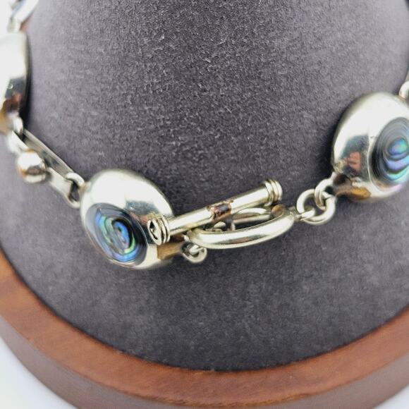 Abalone Shell Link Mexico Alpaca Silver Tone Bracelet Stackable Everyday Coastal - Picture 3 of 5
